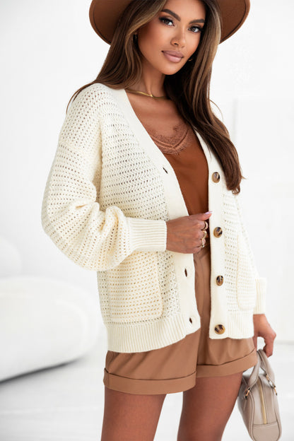 Beige Chunky Textured Knit Pocketed V Neck Cardigan