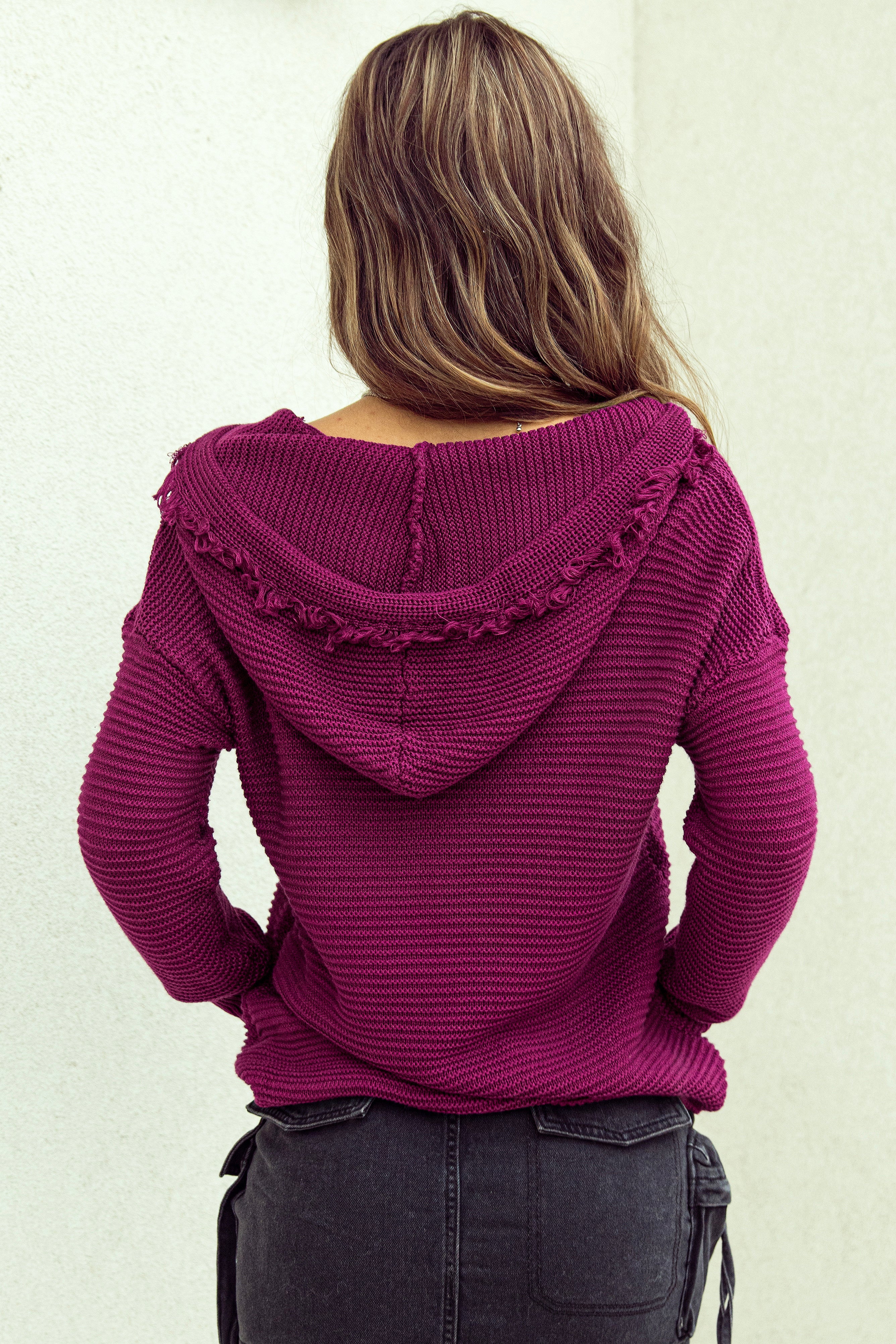 V Neck Ribbed Drop Shoulder Hooded Sweater