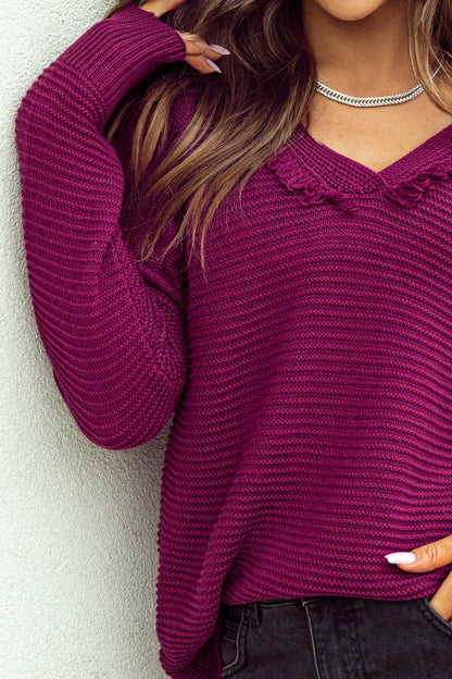 V Neck Ribbed Drop Shoulder Hooded Sweater