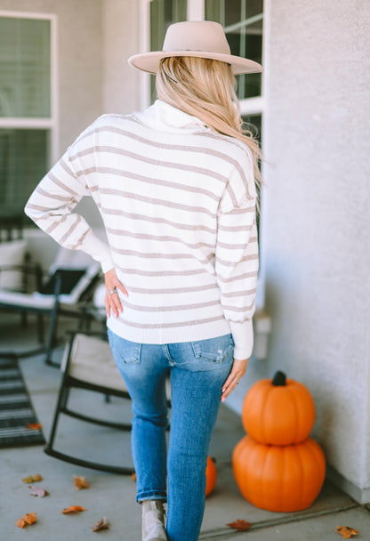 Cowl Neck Striped Print Drop Shoulder Sweater