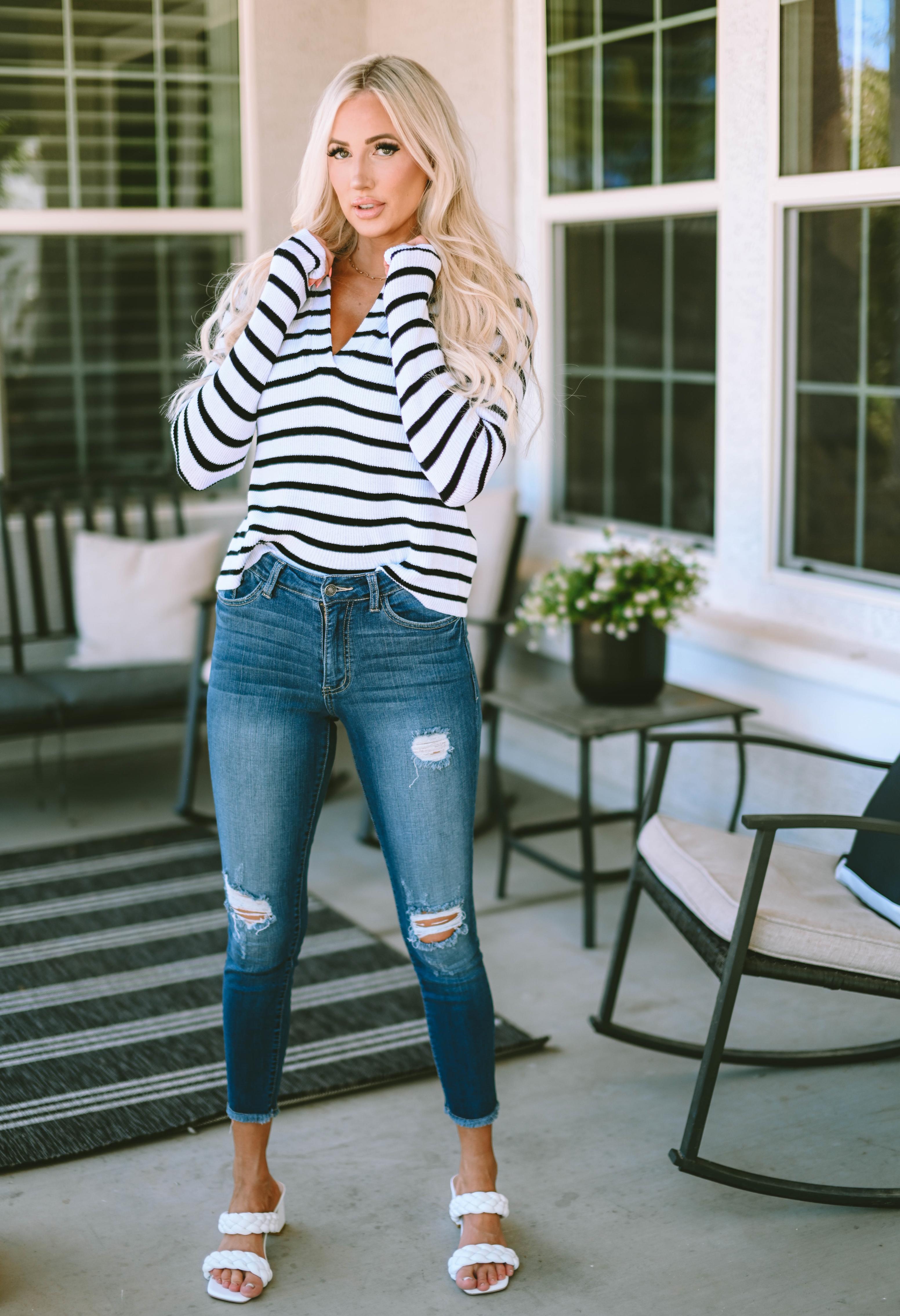 Stripe Collared V Neck Lightweight Knit Casual Sweater