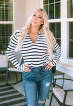 Stripe Collared V Neck Lightweight Knit Casual Sweater