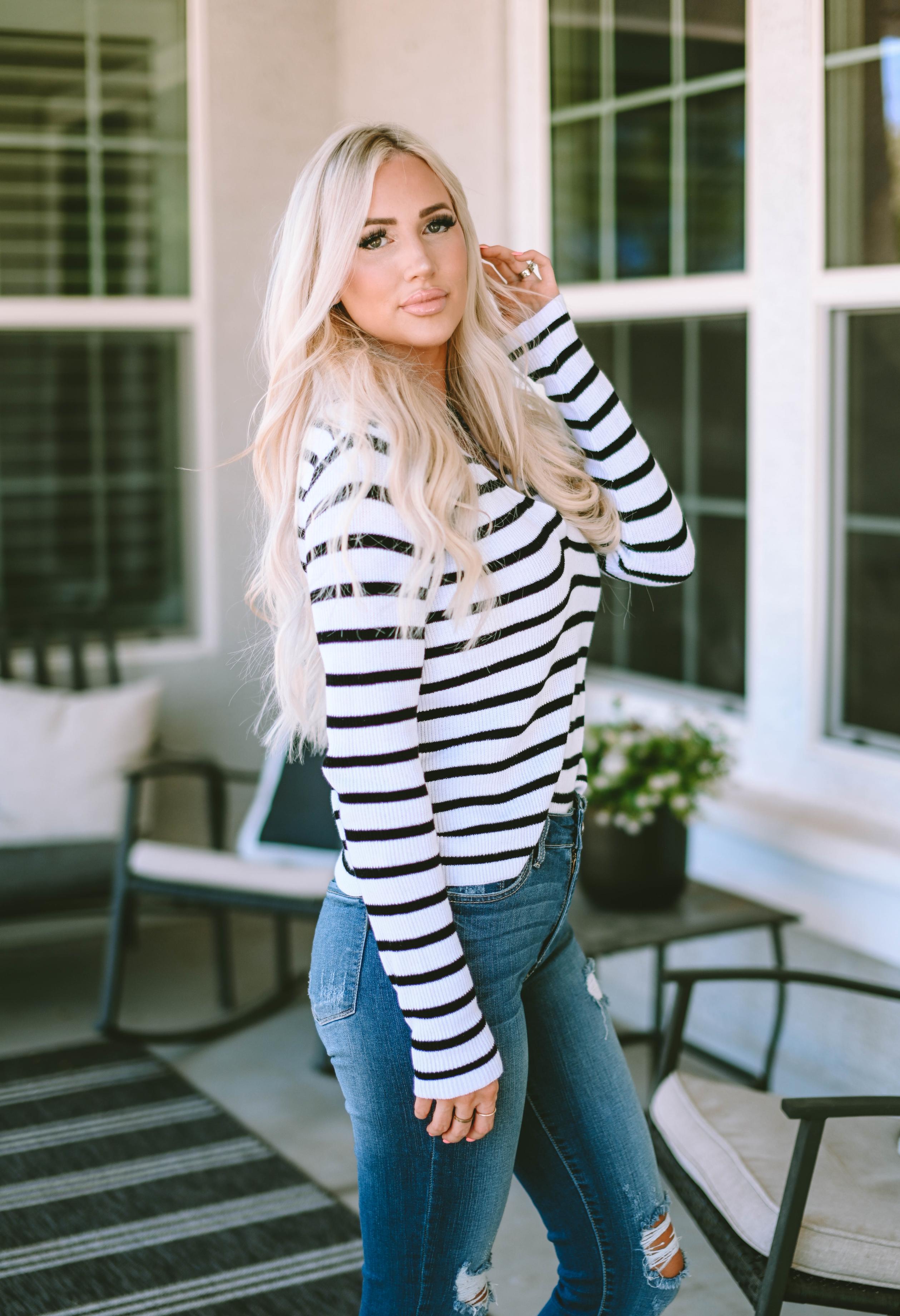 Stripe Collared V Neck Lightweight Knit Casual Sweater