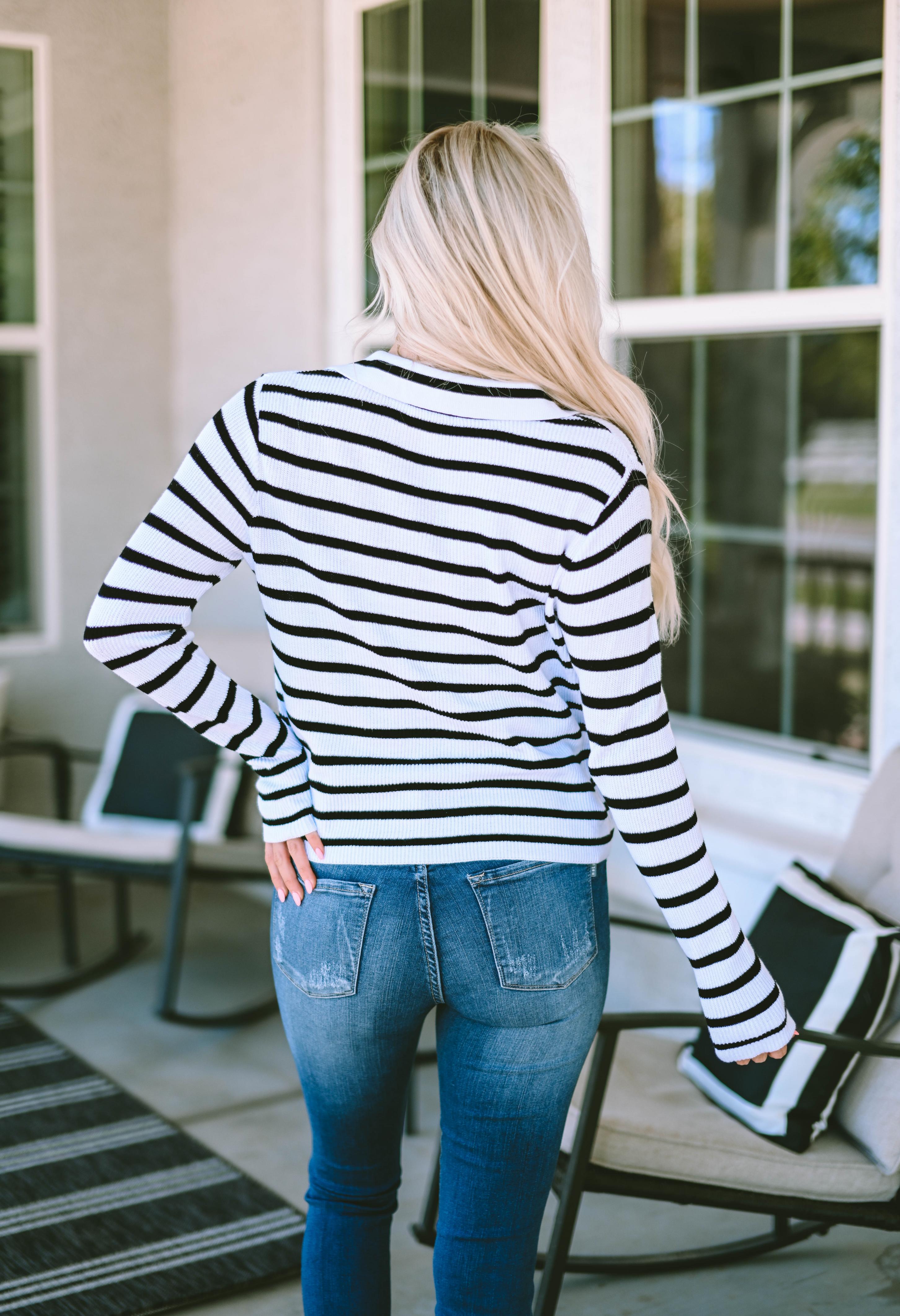 Stripe Collared V Neck Lightweight Knit Casual Sweater