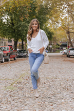 White Hollowed Detail Knitted Loose V Neck Sweater