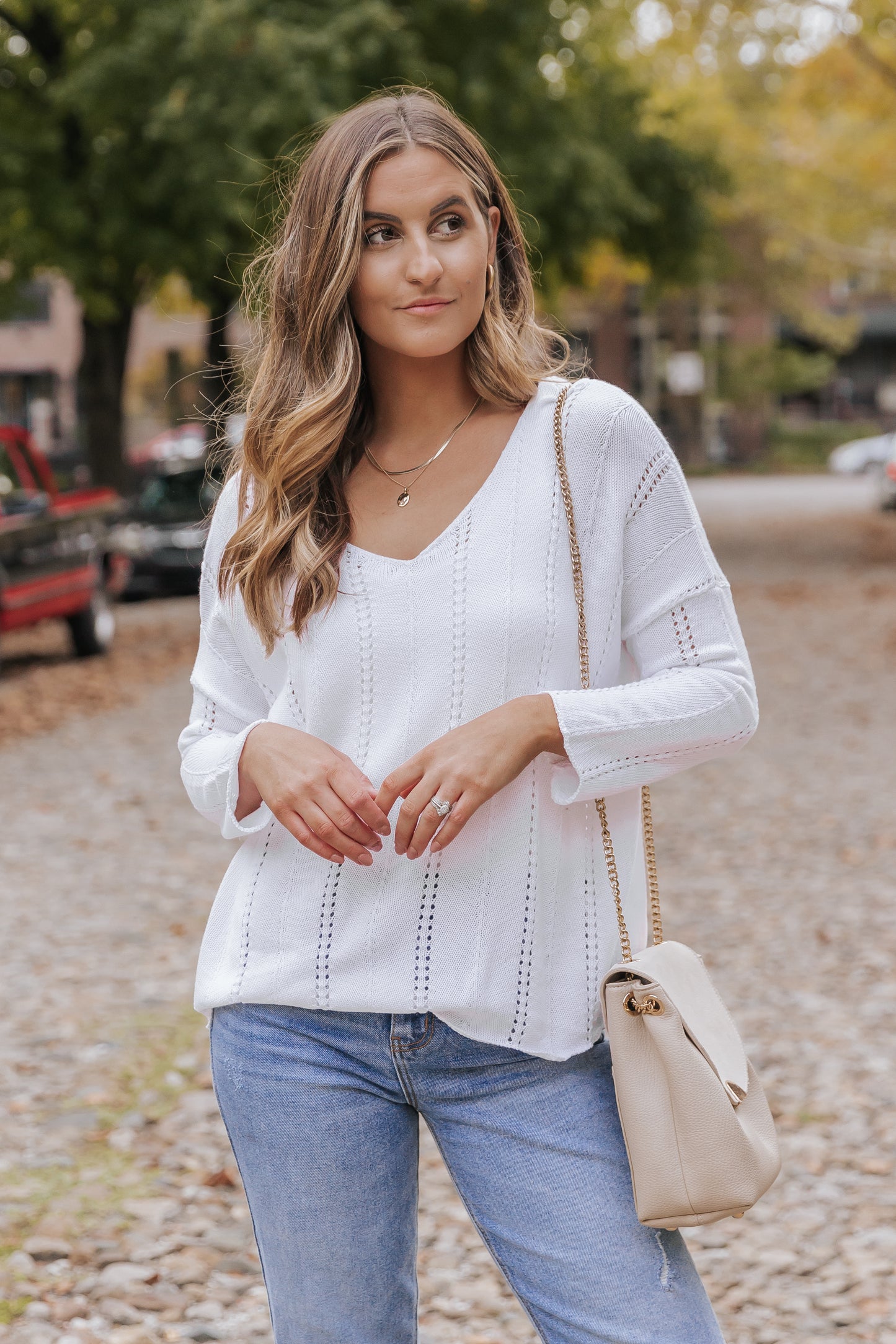 White Hollowed Detail Knitted Loose V Neck Sweater