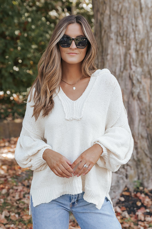 Beige Oversized Balloon Sleeve Hooded Sweater