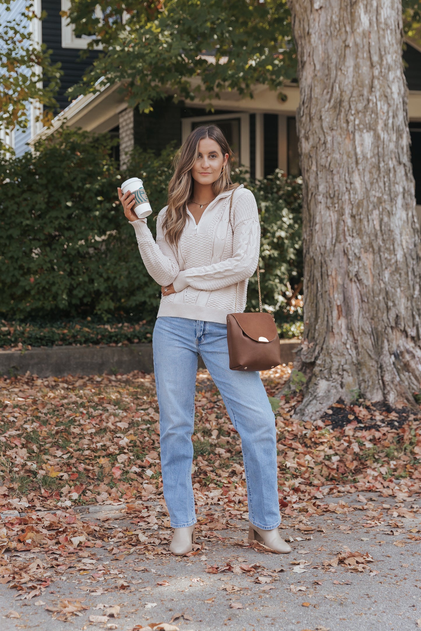 Apricot Zipped Stand Collar Cable Knit Sweater