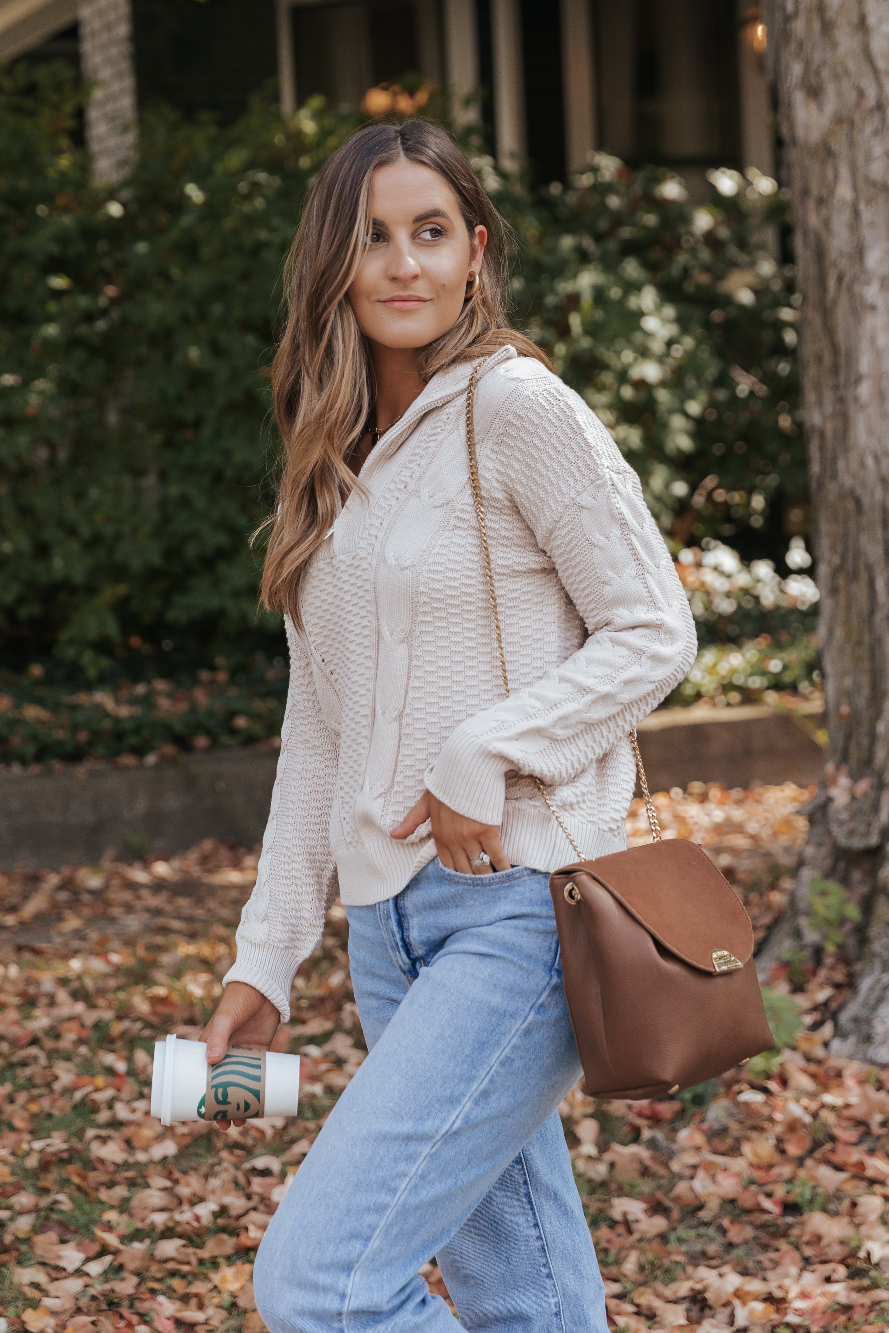 Apricot Zipped Stand Collar Cable Knit Sweater