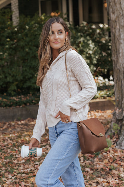 Apricot Zipped Stand Collar Cable Knit Sweater