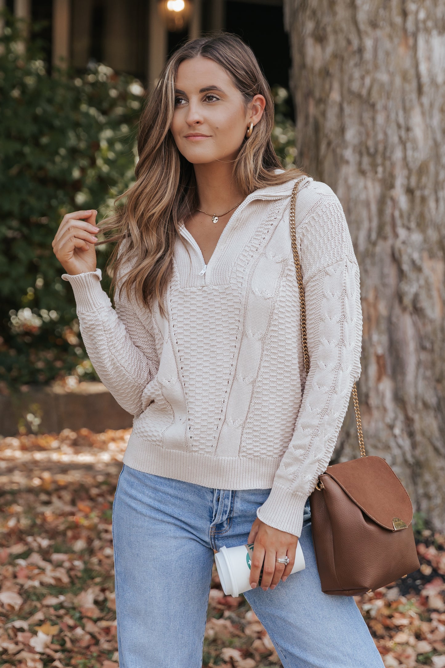 Apricot Zipped Stand Collar Cable Knit Sweater