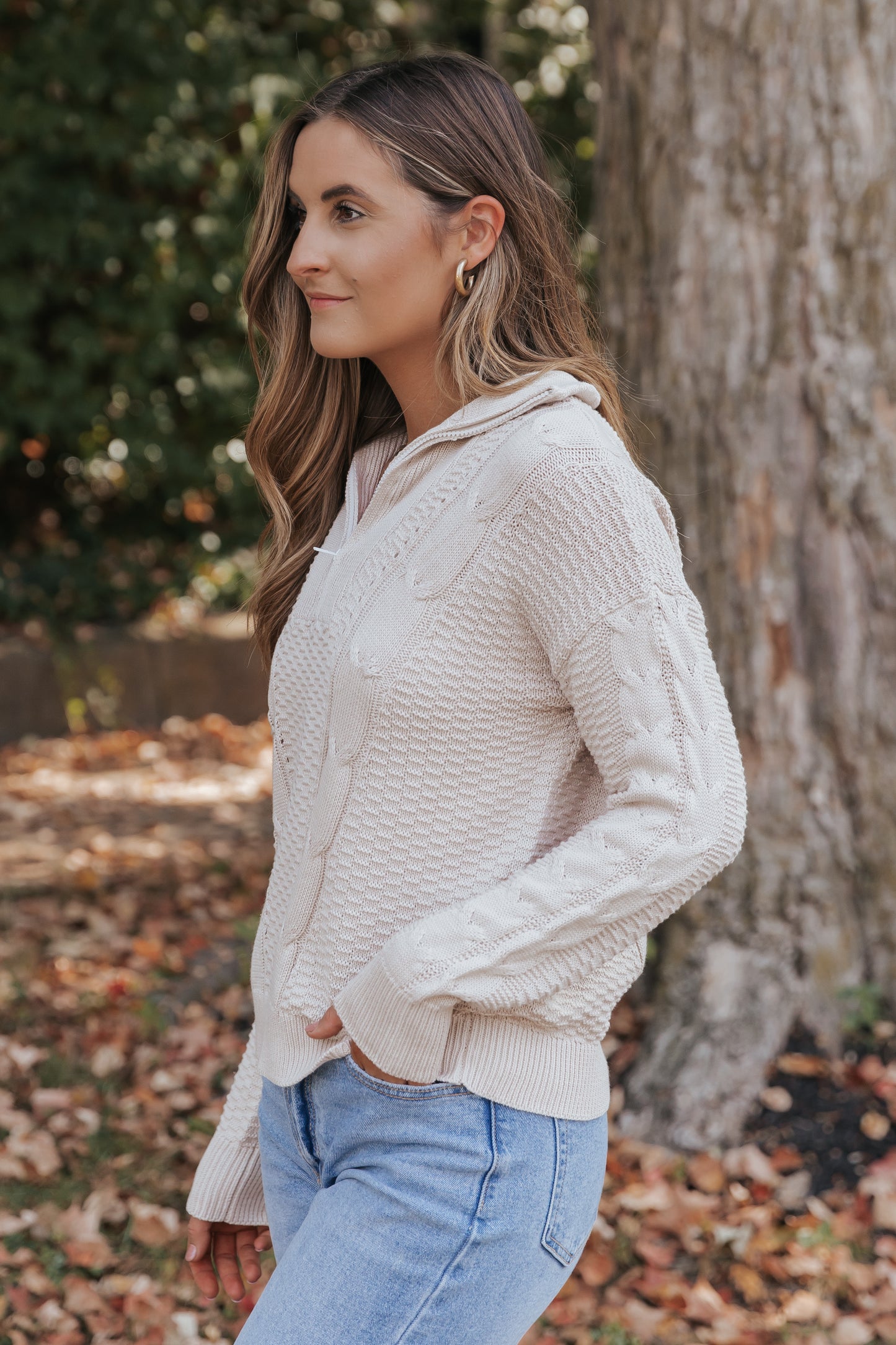 Apricot Zipped Stand Collar Cable Knit Sweater