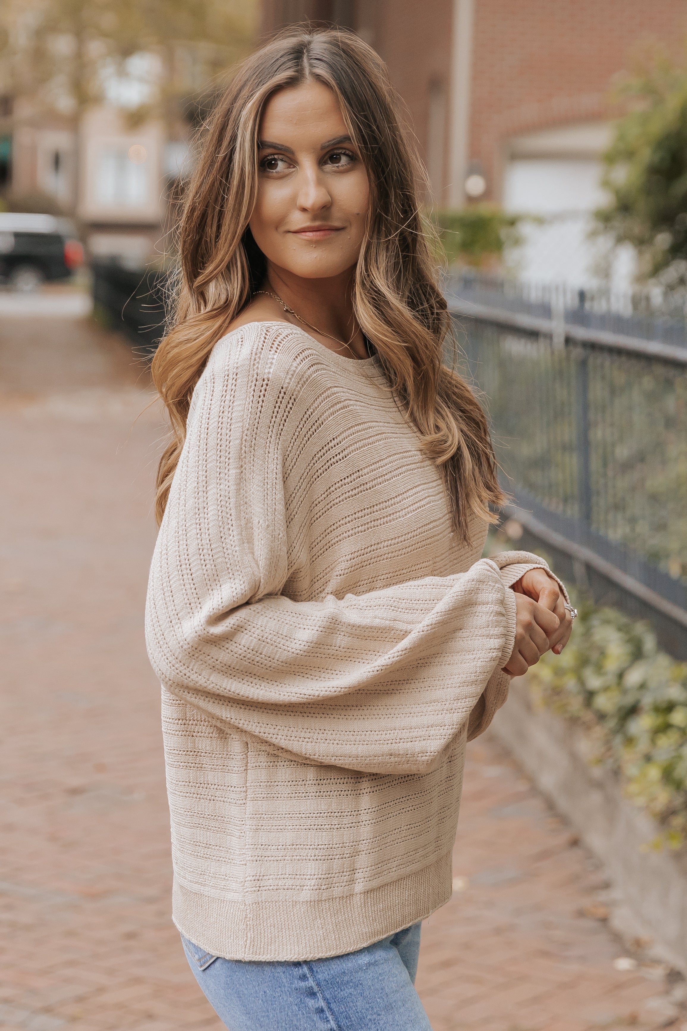 Apricot Lantern Sleeve Eyelets Textured Knit Sweater