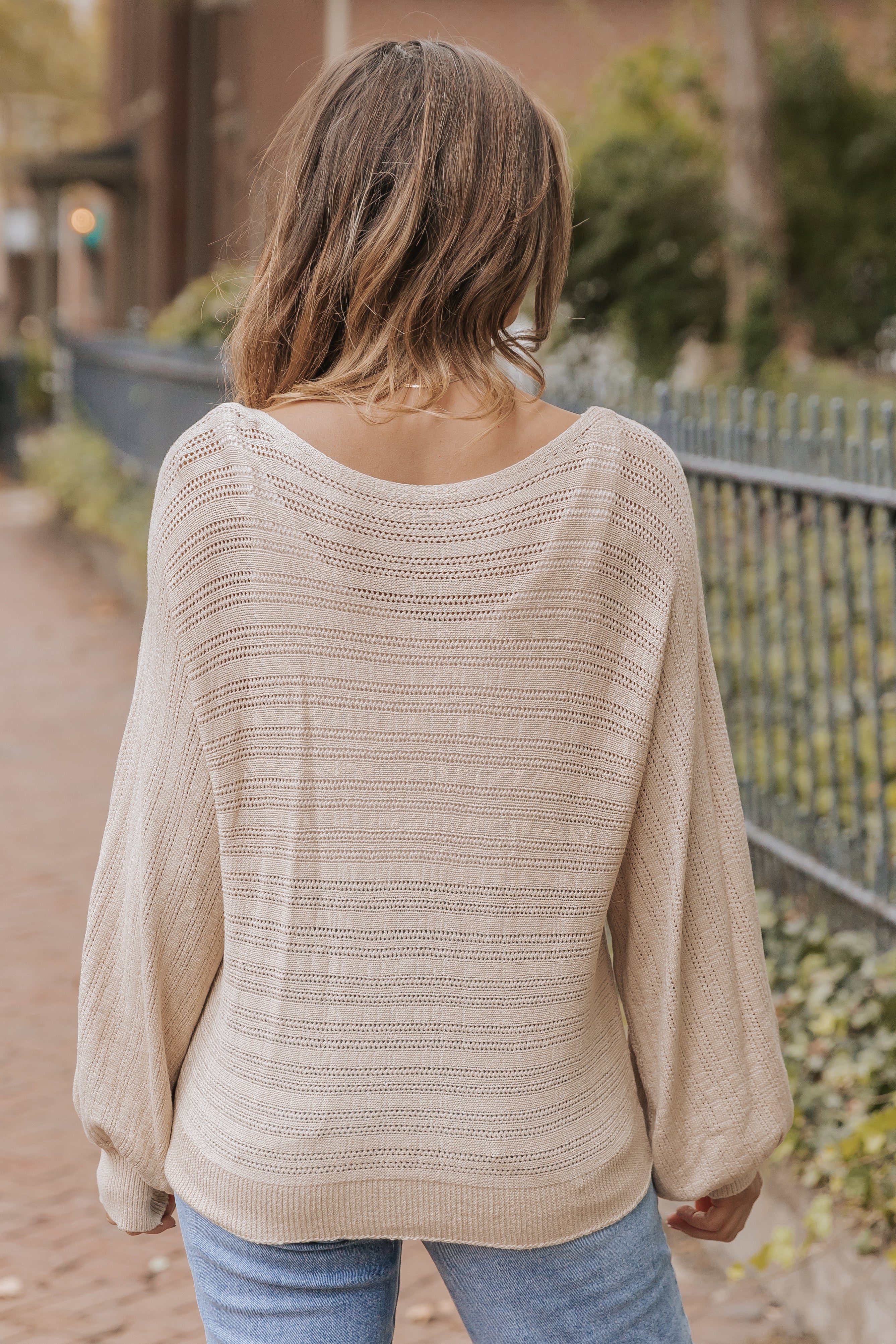 Apricot Lantern Sleeve Eyelets Textured Knit Sweater