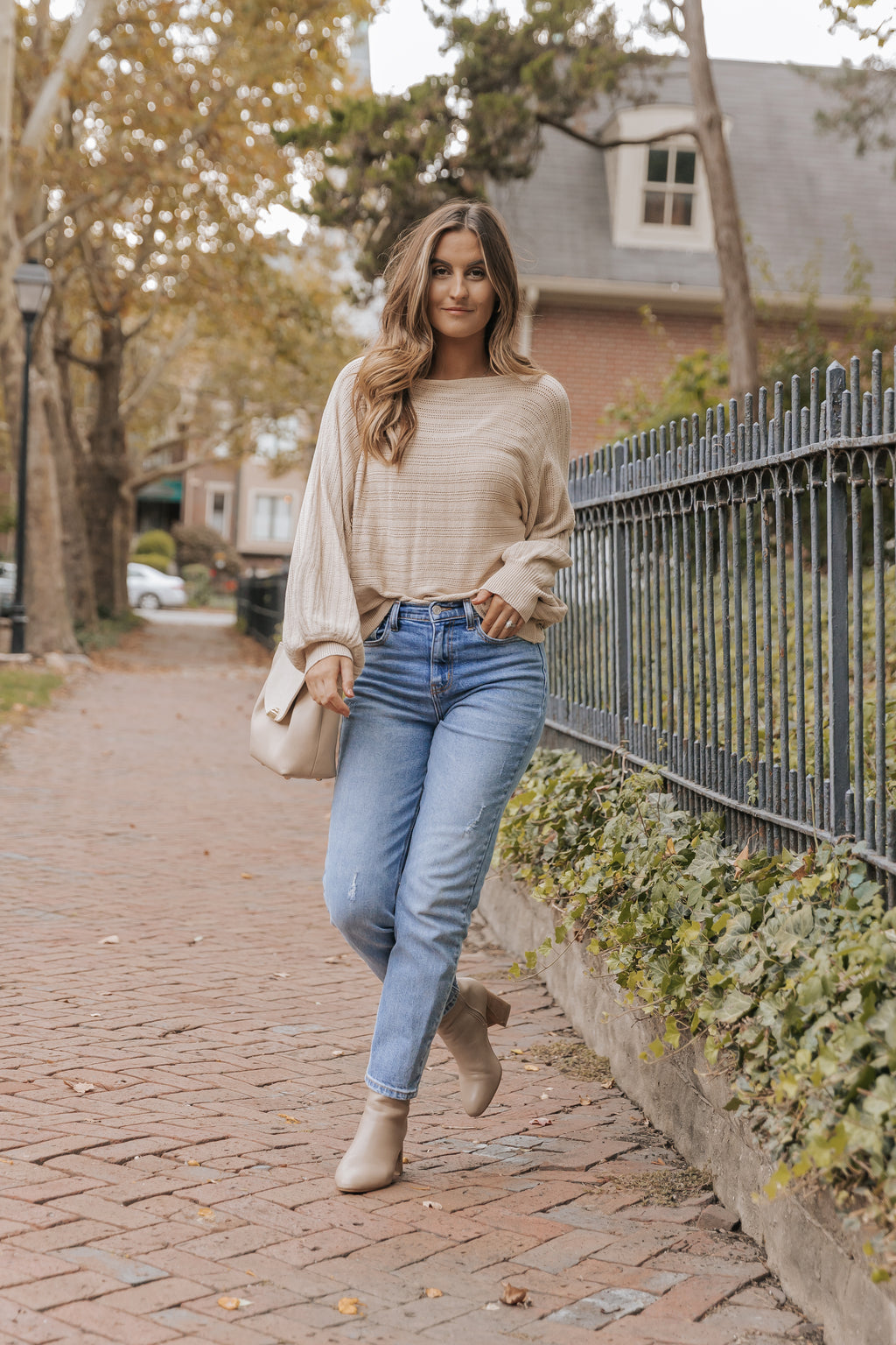 Apricot Lantern Sleeve Eyelets Textured Knit Sweater