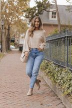 Apricot Lantern Sleeve Eyelets Textured Knit Sweater