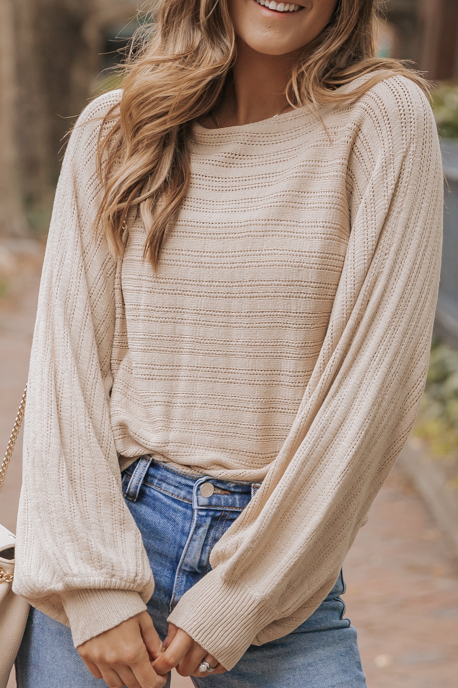 Apricot Lantern Sleeve Eyelets Textured Knit Sweater