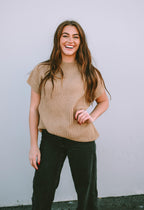 Light French Beige High Neck Short Batwing Sleeve Textured Knit Sweater