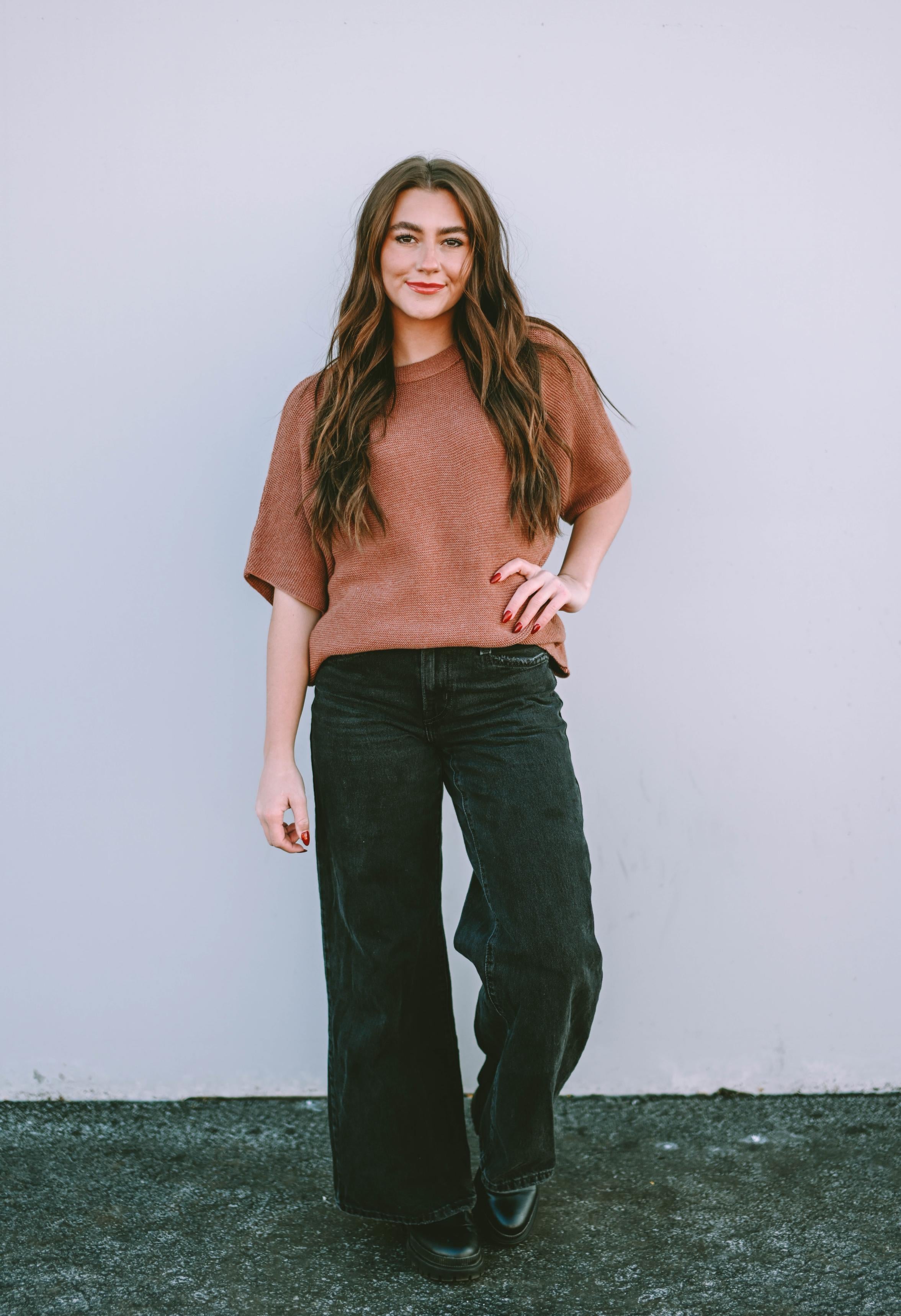 Coffee High Neck Short Bat Sleeve Sweater