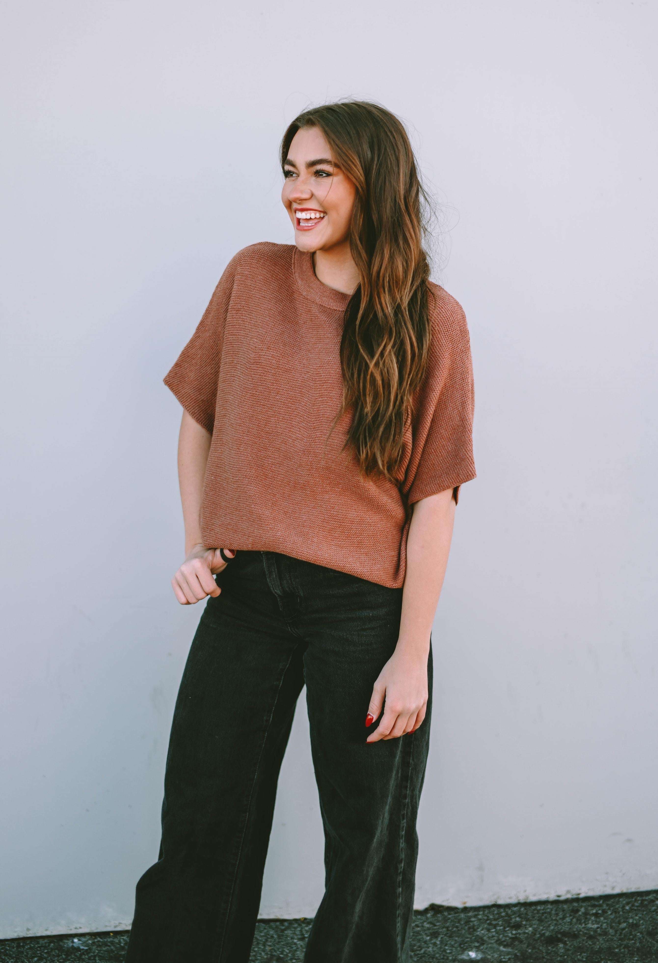 Coffee High Neck Short Bat Sleeve Sweater