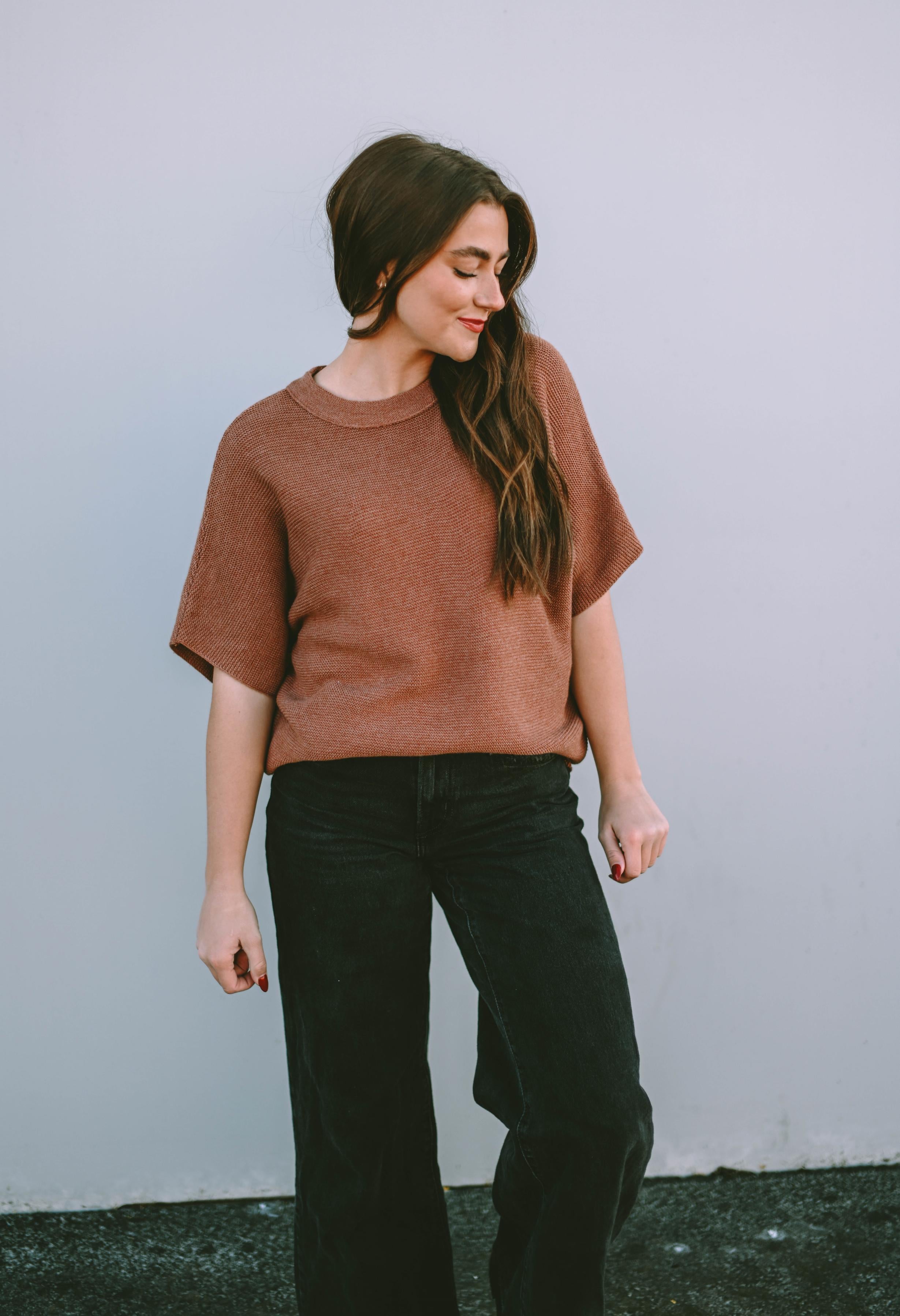 Coffee High Neck Short Bat Sleeve Sweater