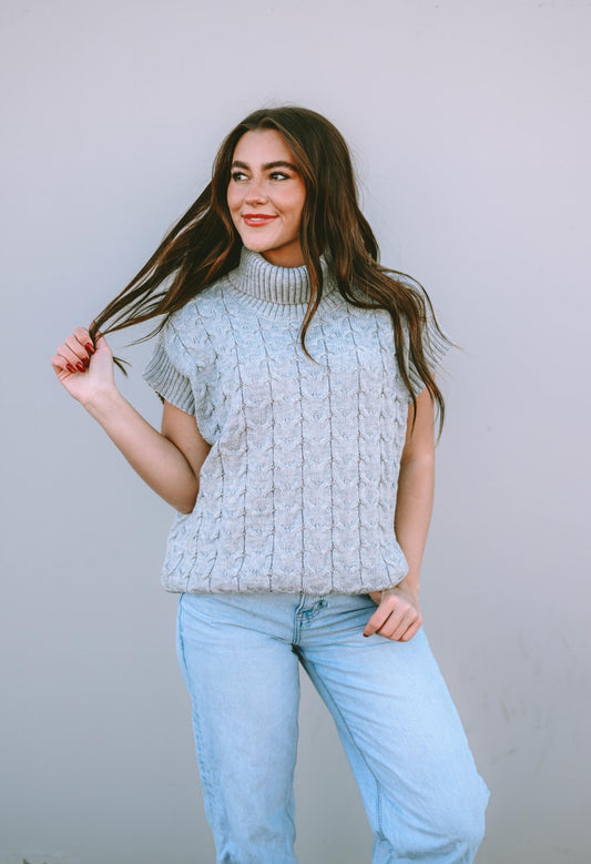 Medium Grey Cable Knit Turtleneck Batwing Sleeve Sweater