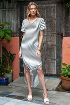 Striped Print Side Split Short Sleeve V Neck Maxi Dress