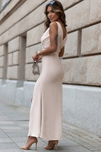 V Neck Row Pleated Waist Slit Maxi Dress
