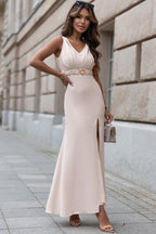 V Neck Row Pleated Waist Slit Maxi Dress