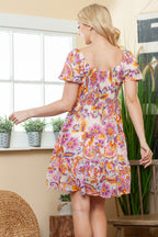 Multicolor Boho Print Smocked Ruffled Puff Sleeve Mini Dress