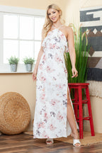 Floral Slit Ruffled Halterneck Maxi Dress