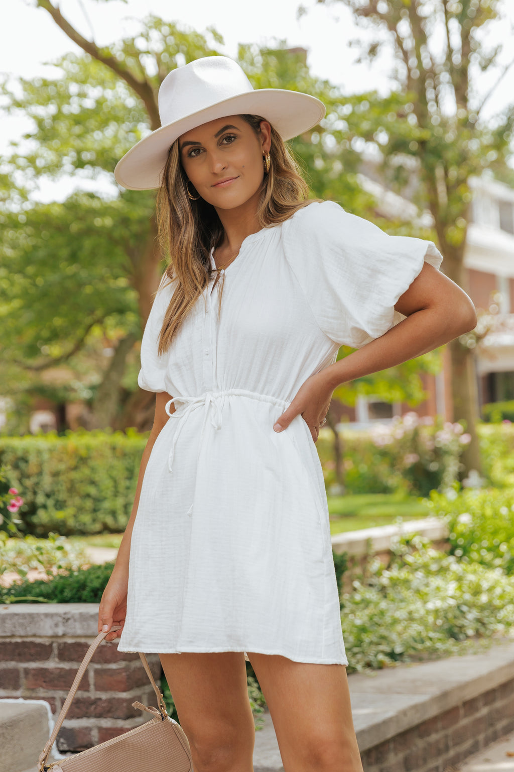 Puff Sleeve Drawstring Shirt Dress with Pockets