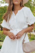 Puff Sleeve Drawstring Shirt Dress with Pockets