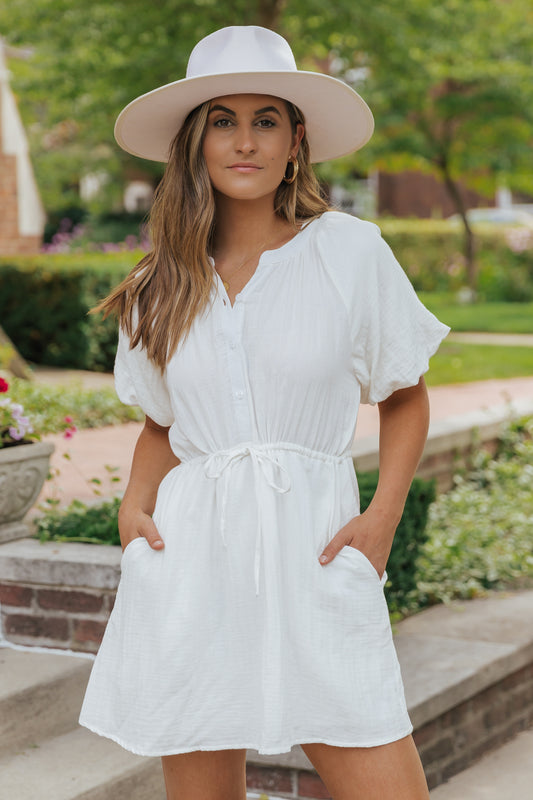 Puff Sleeve Drawstring Shirt Dress with Pockets