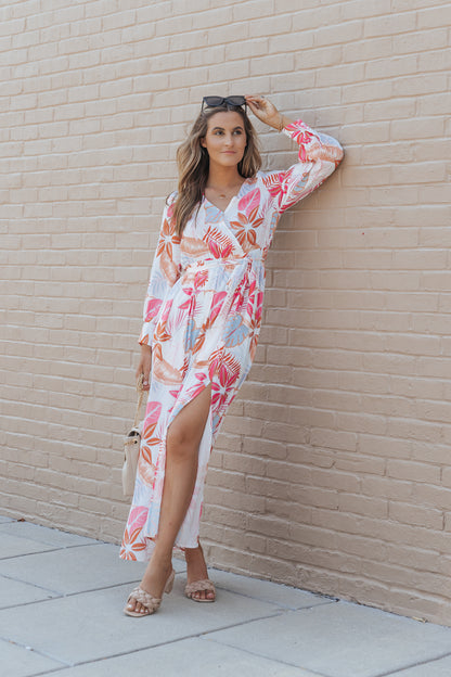 Tropical Plant Print Long Sleeve Wrap V-Neck Slit Maxi Dress