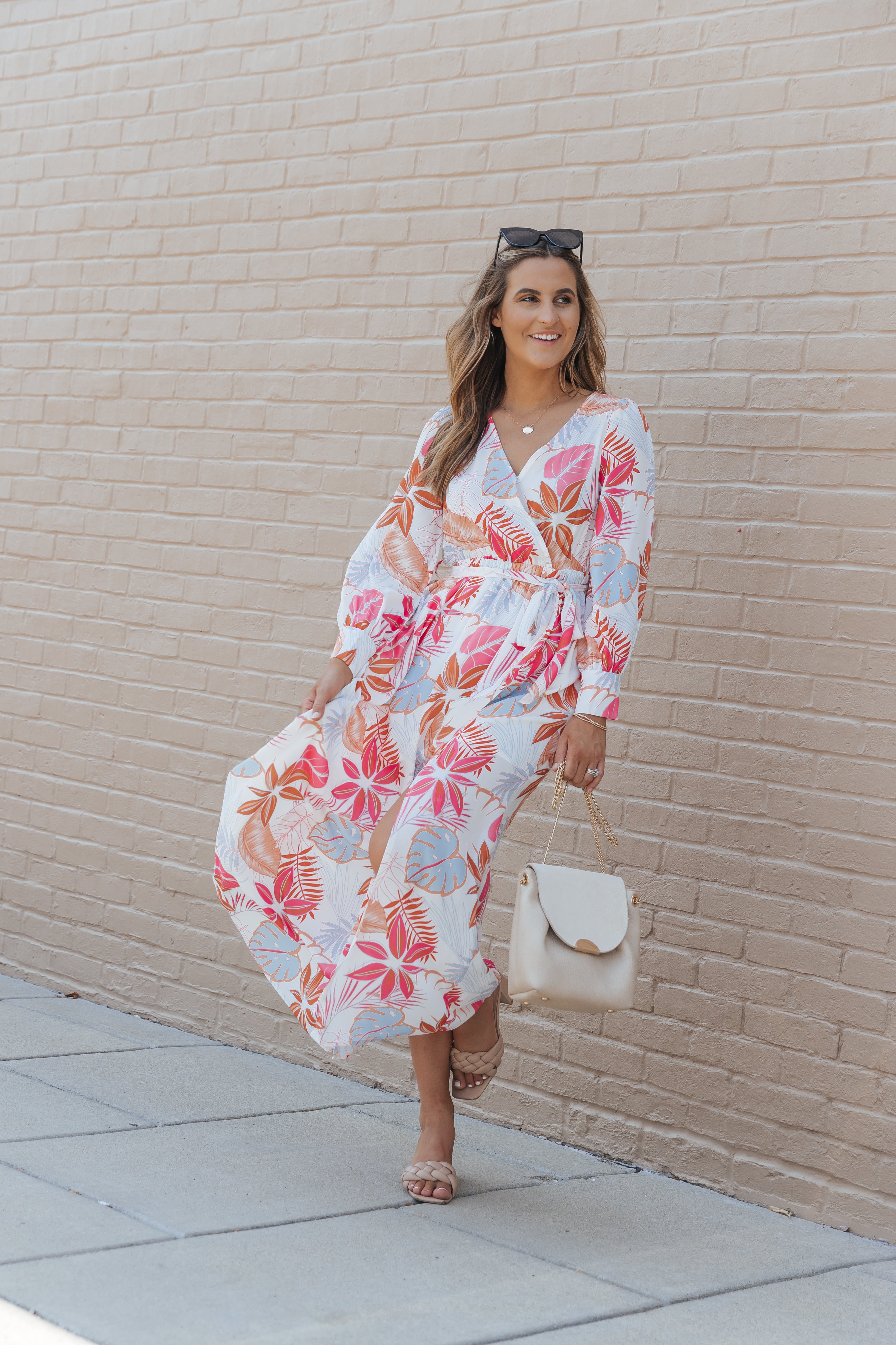 Tropical Plant Print Long Sleeve Wrap V-Neck Slit Maxi Dress