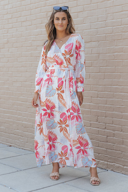 Tropical Plant Print Long Sleeve Wrap V-Neck Slit Maxi Dress