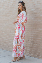 Tropical Plant Print Long Sleeve Wrap V-Neck Slit Maxi Dress