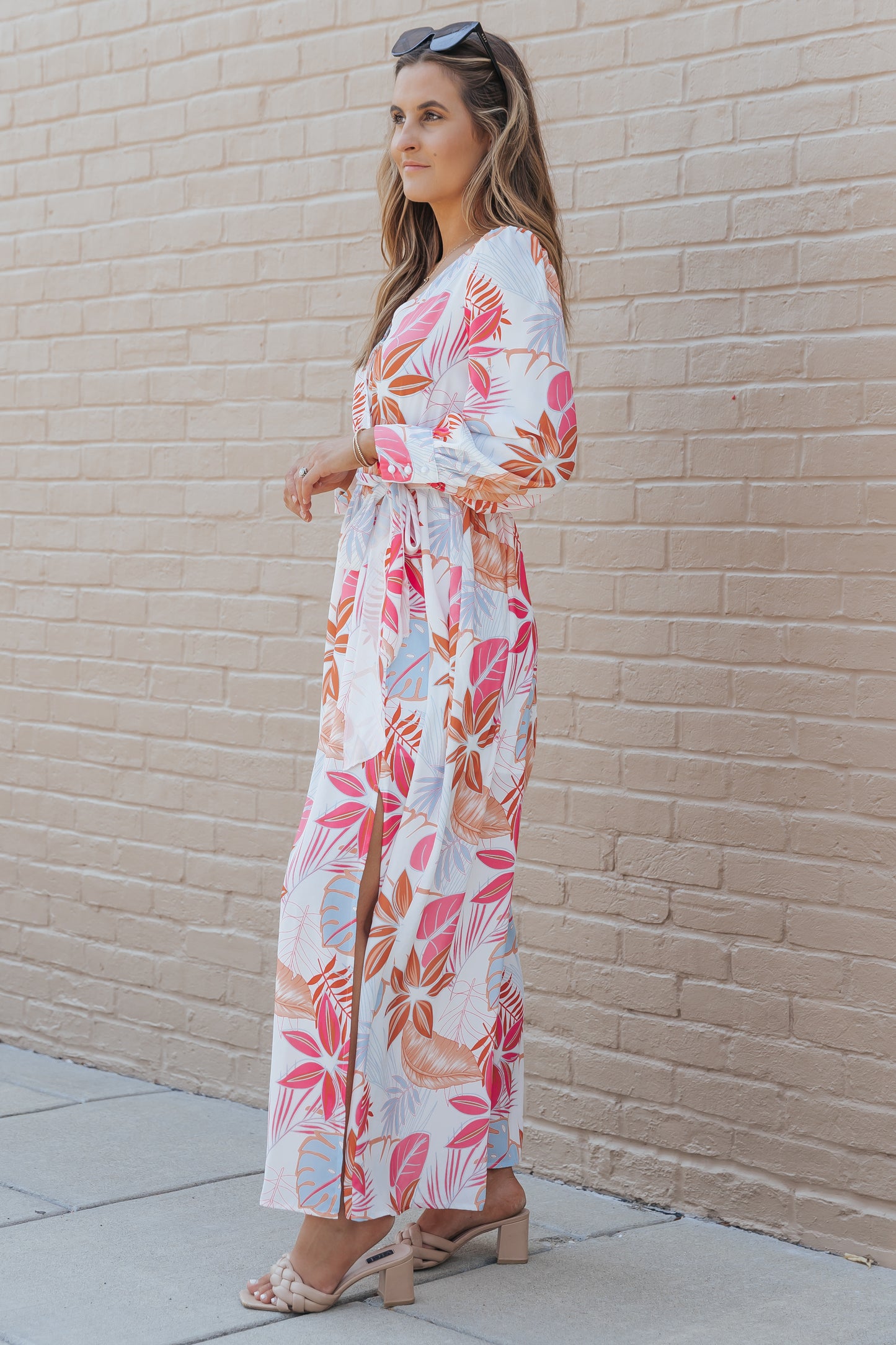 Tropical Plant Print Long Sleeve Wrap V-Neck Slit Maxi Dress