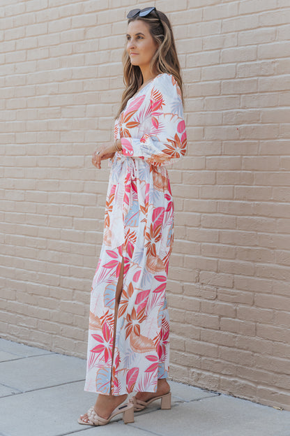 Tropical Plant Print Long Sleeve Wrap V-Neck Slit Maxi Dress