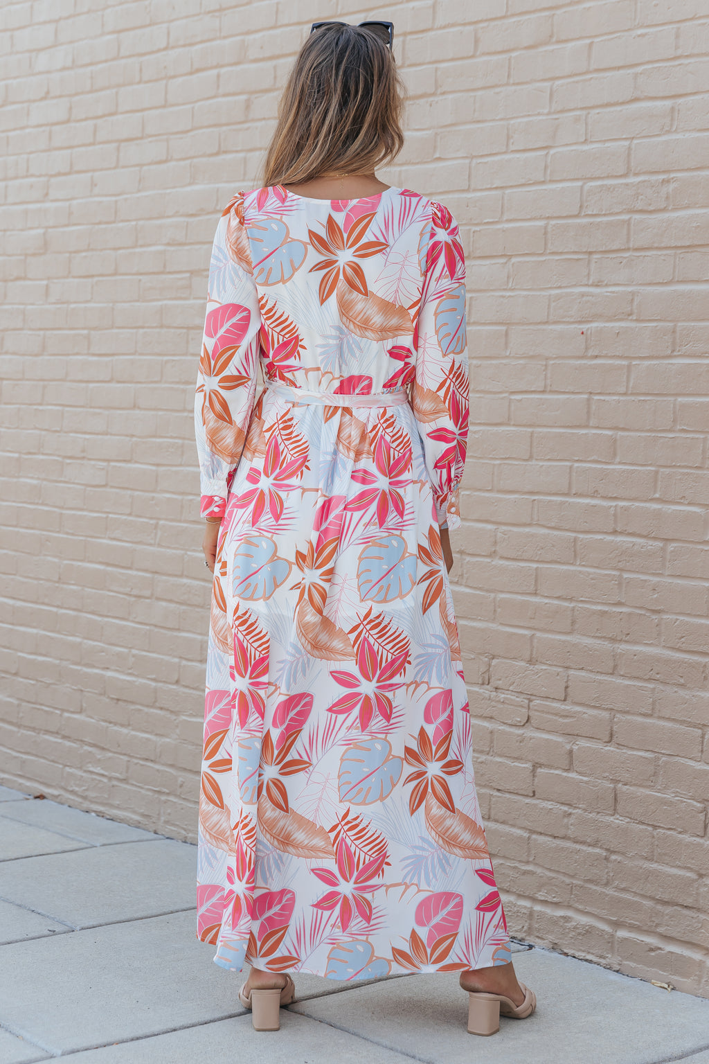 Tropical Plant Print Long Sleeve Wrap V-Neck Slit Maxi Dress
