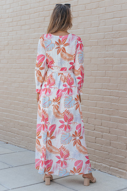 Tropical Plant Print Long Sleeve Wrap V-Neck Slit Maxi Dress