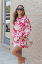 Paisley Printed Button Keyhole Back Belted Mini Dress