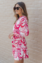 Paisley Printed Button Keyhole Back Belted Mini Dress