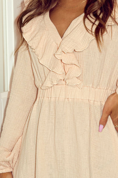 Khaki Textured Ruffled V Neck High Waist Mini Dress