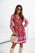 Red Hot Boho Floral Tie Wrap V Neck Ruffle Dress