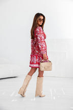Red Hot Boho Floral Tie Wrap V Neck Ruffle Dress