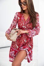 Red Hot Boho Floral Tie Wrap V Neck Ruffle Dress