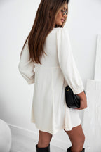 Beige Ribbed Knit Puff Sleeve Flared Mini Dress
