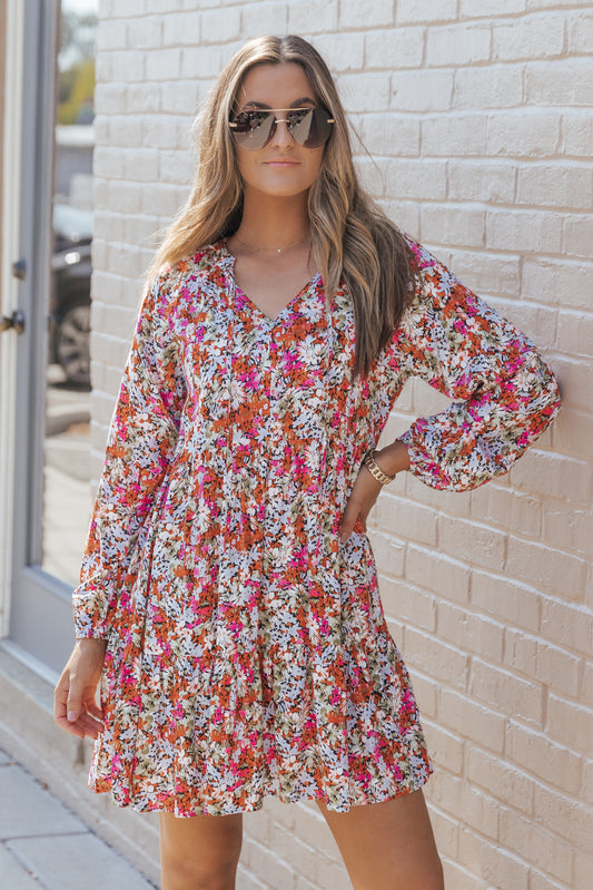 Multicolor Floral Neck Tie Long Sleeve Flared Dress